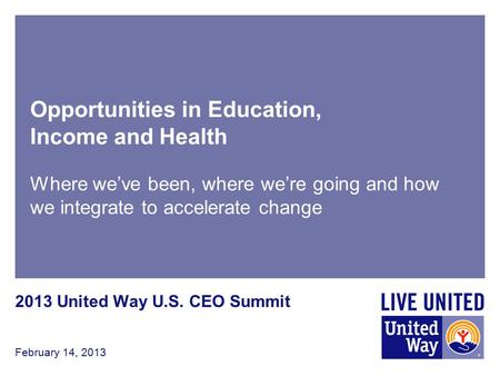 February 14, 2013 Opportunities in Education, Income and Health Where we’ve been, where we’re going and how we integrate to accelerate change 2013 United.