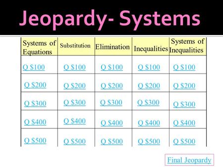 Systems of Equations Substitution Elimination Inequalities Systems of Inequalities Q $100 Q $200 Q $300 Q $400 Q $500 Q $100 Q $200 Q $300 Q $400 Q $500.