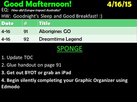 Good Mafternoon! 4/16/15 EQ: How did Europe impact Australia? HW: Goodnight's Sleep and Good Breakfast! :) SPONGE 1. Update TOC 2. Glue handout on page.