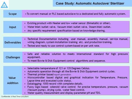 Scope To convert manual or PLC based autoclave to a dedicated and fully automatic system. Existing product with Heater and low water sensor (Bimetallic.