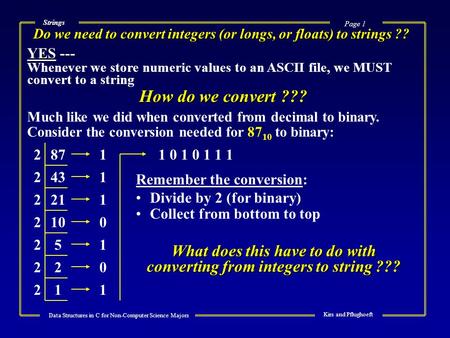 Page 1 Data Structures in C for Non-Computer Science Majors Kirs and Pflughoeft Strings Do we need to convert integers (or longs, or floats) to strings.