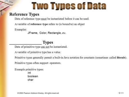 © 2006 Pearson Addison-Wesley. All rights reserved 5.1.1 Reference Types A variable of reference type refers to (is bound to) an object Data of reference.