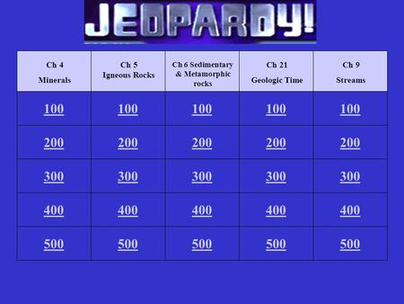 100 Ch 4 Minerals 400 300 200 500 100 Ch 5 Igneous Rocks 400 300 200 500 100 Ch 6 Sedimentary & Metamorphic rocks 400 300 200 500 100 Ch 21 Geologic Time.