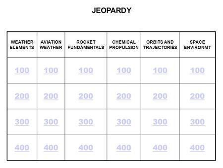 WEATHER ELEMENTS AVIATION WEATHER ROCKET FUNDAMENTALS CHEMICAL PROPULSION ORBITS AND TRAJECTORIES SPACE ENVIRONMT 100 200 300 400 JEOPARDY.