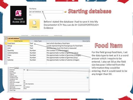 Before I stated the database I had to save it into My Documents> ICT> You can do it> D201EPORTFOLIO> Evidence For the field group food item, I set the.