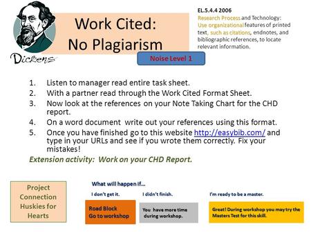 Work Cited: No Plagiarism 1.Listen to manager read entire task sheet. 2.With a partner read through the Work Cited Format Sheet. 3.Now look at the references.