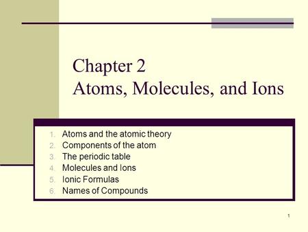 1 Chapter 2 Atoms, Molecules, and Ions 1. Atoms and the atomic theory 2. Components of the atom 3. The periodic table 4. Molecules and Ions 5. Ionic Formulas.