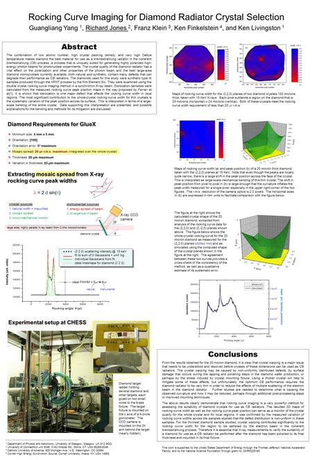 Rocking Curve Imaging for Diamond Radiator Crystal Selection Guangliang Yang 1, Richard Jones 2, Franz Klein 3, Ken Finkelstein 4, and Ken Livingston 1.