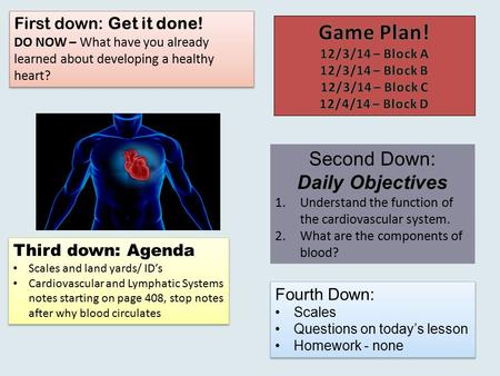 First down: Get it done! DO NOW – What have you already learned about developing a healthy heart? First down: Get it done! DO NOW – What have you already.