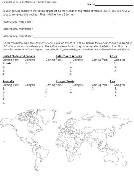 In your groups complete the following packet on the trends of migration at various levels. You will have 2 days to complete this packet.. First -- define.