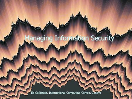 Information Security OECD, April 2001 International Computing Centre Managing Information Security Ed Gelbstein, International Computing Centre, Geneva.