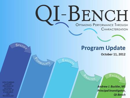 Program Update October 11, 2012 Andrew J. Buckler, MS Principal Investigator, QI-Bench WITH FUNDING SUPPORT PROVIDED BY NATIONAL INSTITUTE OF STANDARDS.