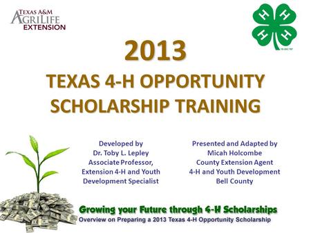 2013 TEXAS 4-H OPPORTUNITY SCHOLARSHIP TRAINING Developed by Dr. Toby L. Lepley Associate Professor, Extension 4-H and Youth Development Specialist Presented.