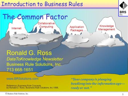 © Business Rule Solutions, Inc. 1 BRS inc Collaborative Computing Application Packages Internet Knowledge Management “Your company is plunging headlong.