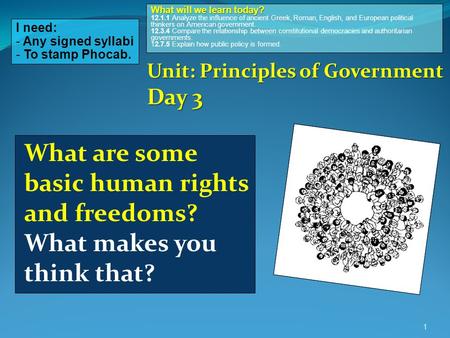 What are some basic human rights and freedoms? What makes you think that? 1 I need: - Any signed syllabi - To stamp Phocab. What will we learn today? What.