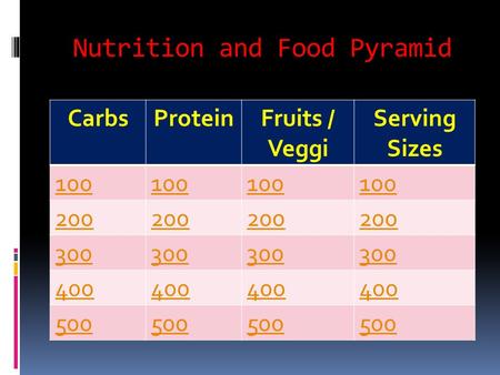 Nutrition and Food Pyramid CarbsProteinFruits / Veggi Serving Sizes 100 200 300 400 500.