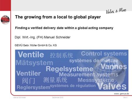 Manuel SchneiderSeptember 2010Bild 1 The growing from a local to global player Finding a verified delivery date within a global acting company Dipl. Wirt.-Ing.