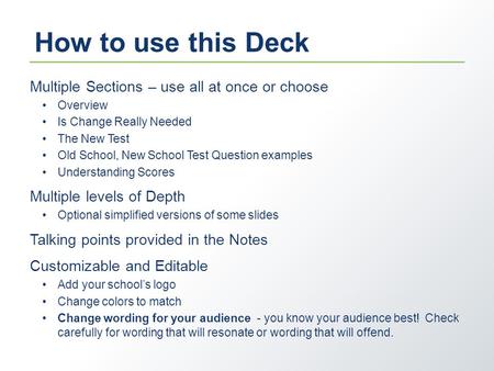 How to use this Deck Multiple Sections – use all at once or choose Overview Is Change Really Needed The New Test Old School, New School Test Question examples.