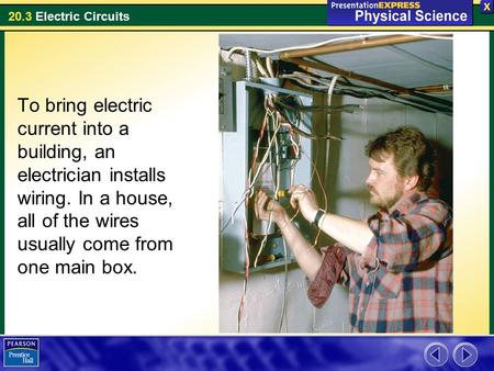 To bring electric current into a building, an electrician installs wiring. In a house, all of the wires usually come from one main box.