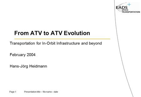 Page 1 Presentation title – file name – date From ATV to ATV Evolution February 2004 Hans-Jörg Heidmann Transportation for In-Orbit Infrastructure and.