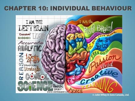 CHAPTER 10: INDIVIDUAL BEHAVIOUR © John Wiley & Sons Canada, Ltd. John R. Schermerhorn, Jr., Barry Wright, and Lorie Guest Business Leadership: Management.