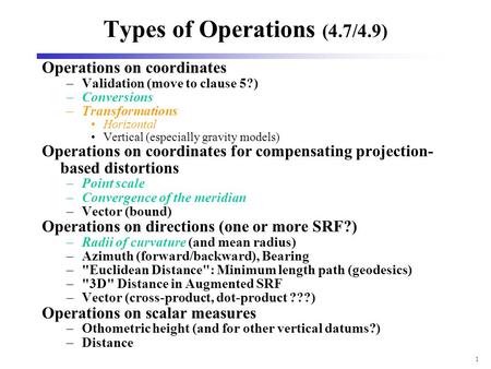 1 Types of Operations (4.7/4.9) Operations on coordinates –Validation (move to clause 5?) –Conversions –Transformations Horizontal Vertical (especially.