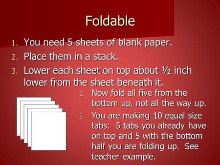 Foldable 1. You need 5 sheets of blank paper. 2. Place them in a stack. 3. Lower each sheet on top about ½ inch lower from the sheet beneath it. 1. Now.