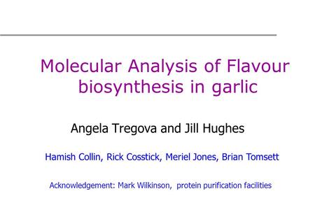 Hamish Collin, Rick Cosstick, Meriel Jones, Brian Tomsett Angela Tregova and Jill Hughes Acknowledgement: Mark Wilkinson, protein purification facilities.