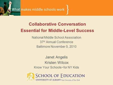 National Middle School Association 37 th Annual Conference Baltimore November 5, 2010 Janet Angelis Kristen Wilcox Know Your Schools~for NY Kids Collaborative.