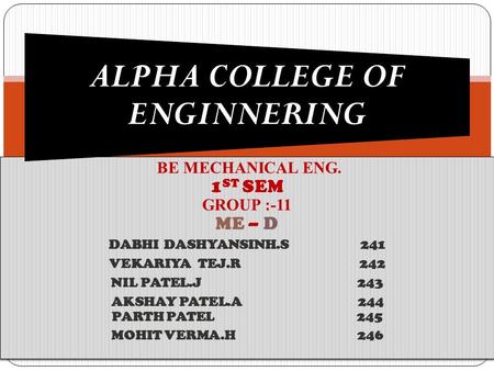 BE MECHANICAL ENG. 1 ST SEM GROUP :-11 ME – D DABHI DASHYANSINH.S 241 VEKARIYA TEJ.R 242 NIL PATEL.J 243 AKSHAY PATEL.A 244 PARTH PATEL 245 MOHIT VERMA.H.