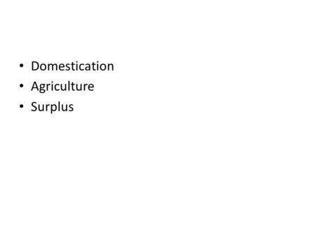 Domestication Agriculture Surplus. Warm Up 1.Tell me 2 things about hunter gatherers. 2.Tell me 2 things about domestication. 3.Tell me 2 things about.