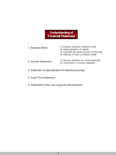 1 Understanding of Financial Statement 1. Balance Sheet 2. Income Statement 3. Statement of appropriation of retained earnings 4. Cash Flow Statement 5.