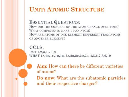 U NIT : A TOMIC S TRUCTURE E SSENTIAL Q UESTIONS : H OW DID THE CONCEPT OF THE ATOM CHANGE OVER TIME ? W HAT COMPONENTS MAKE UP AN ATOM ? H OW ARE ATOMS.