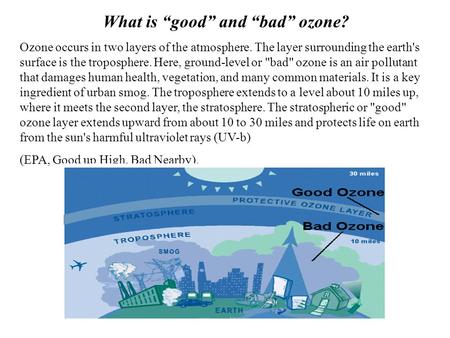 What is “good” and “bad” ozone? Ozone occurs in two layers of the atmosphere. The layer surrounding the earth's surface is the troposphere. Here, ground-level.