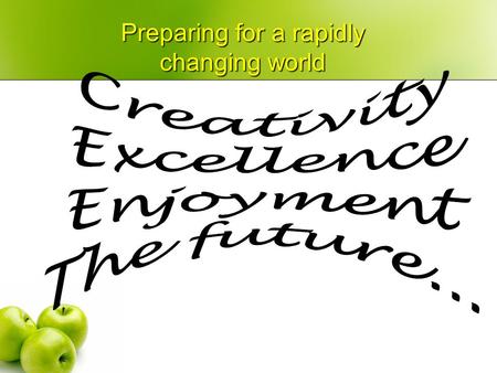 Preparing for a rapidly changing world. When our current Year 1 cohort reach employable age, 80% of the jobs they will be doing do not even exist yet.