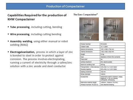 Production of Compactainer Capabilities Required for the production of KHW Compactainer  Tube processing, including cutting, bending  Wire processing,