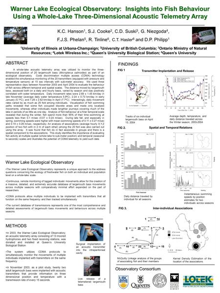 Warner Lake Ecological Observatory: Insights into Fish Behaviour Using a Whole-Lake Three-Dimensional Acoustic Telemetry Array K.C. Hanson 1, S.J. Cooke.