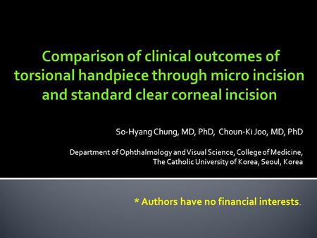 So-Hyang Chung, MD, PhD, Choun-Ki Joo, MD, PhD Department of Ophthalmology and Visual Science, College of Medicine, The Catholic University of Korea, Seoul,