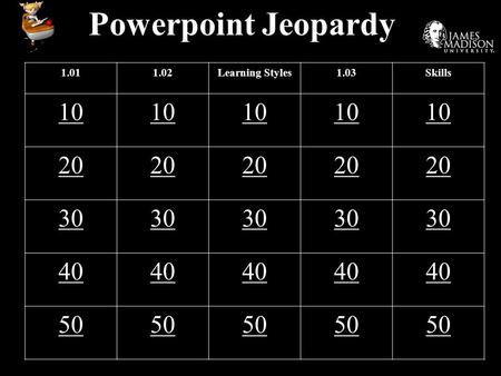 Powerpoint Jeopardy 1.011.02Learning Styles1.03Skills 10 20 30 40 50.