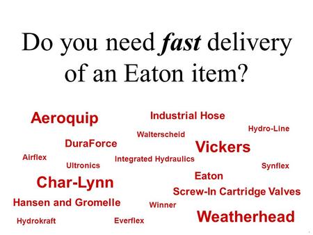 Do you need fast delivery of an Eaton item? Aeroquip Weatherhead Vickers Char-Lynn DuraForce Eaton Hansen and Gromelle Industrial Hose Screw-In Cartridge.