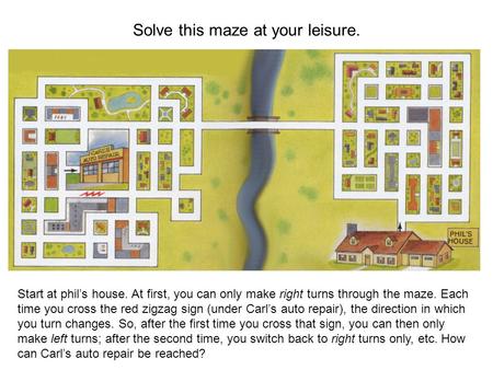 Solve this maze at your leisure. Start at phil’s house. At first, you can only make right turns through the maze. Each time you cross the red zigzag sign.