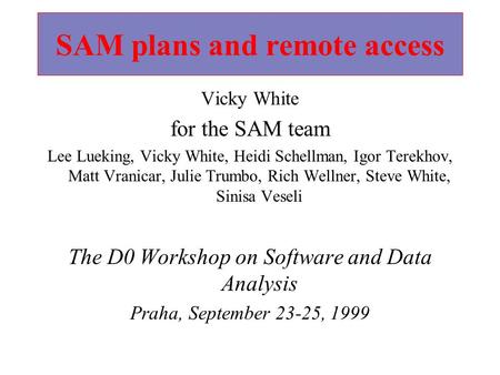 SAM plans and remote access Vicky White for the SAM team Lee Lueking, Vicky White, Heidi Schellman, Igor Terekhov, Matt Vranicar, Julie Trumbo, Rich Wellner,