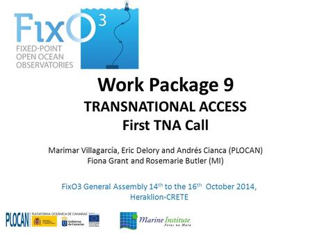 Work Package 9 TRANSNATIONAL ACCESS First TNA Call FixO3 General Assembly 14 th to the 16 th October 2014, Heraklion-CRETE Marimar Villagarcía, Eric Delory.