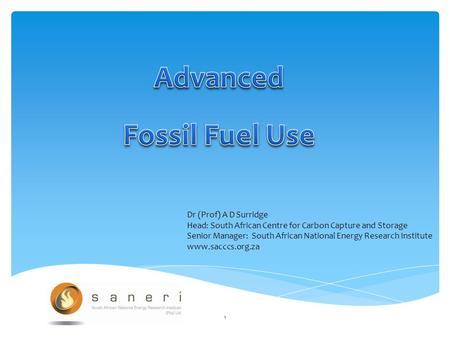 1 Dr (Prof) A D Surridge Head: South African Centre for Carbon Capture and Storage Senior Manager: South African National Energy Research Institute www.sacccs.org.za.