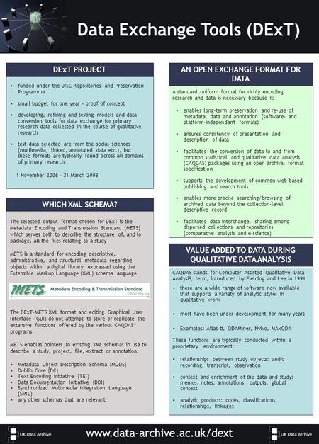 Data Exchange Tools (DExT) www.data-archive.ac.uk/dext DExT PROJECTAN OPEN EXCHANGE FORMAT FOR DATA enables long-term preservation and re-use of metadata,