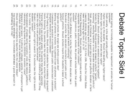 Debate Topics Side I 1. Animal testing: Is it morally acceptable to experiment on animals for humanpurposes? 2. Death penalty: Is the death penalty justified?