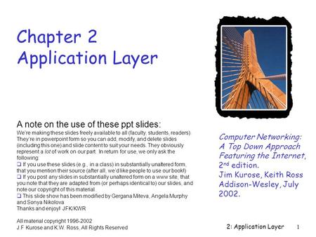 2: Application Layer1 Chapter 2 Application Layer Computer Networking: A Top Down Approach Featuring the Internet, 2 nd edition. Jim Kurose, Keith Ross.