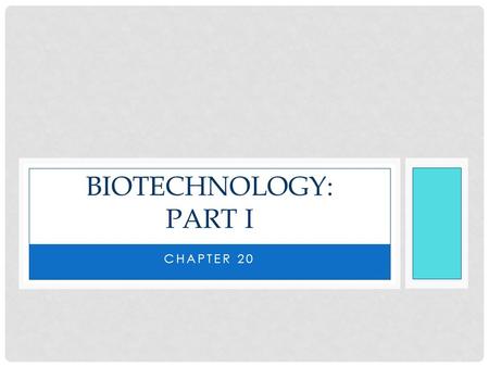 CHAPTER 20 BIOTECHNOLOGY: PART I. BIOTECHNOLOGY Biotechnology – the manipulation of organisms or their components to make useful products Biotechnology.