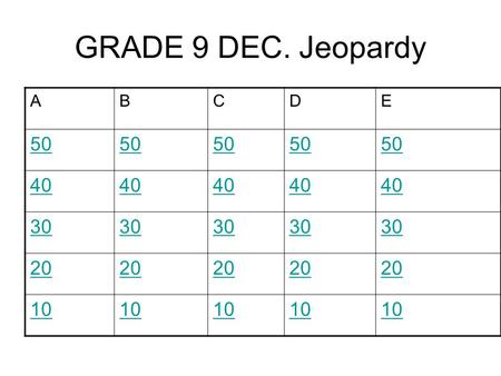 GRADE 9 DEC. Jeopardy ABCDE 50 40 30 20 10. 50 Points A One megabyte (MB) is approximately: a)8 bytes b)1000 bytes c)1,000,000 bytes d)1,000,000,000 bytes.