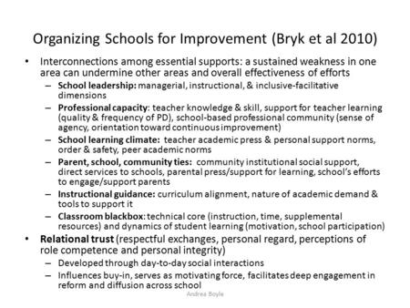 Organizing Schools for Improvement (Bryk et al 2010) Interconnections among essential supports: a sustained weakness in one area can undermine other areas.